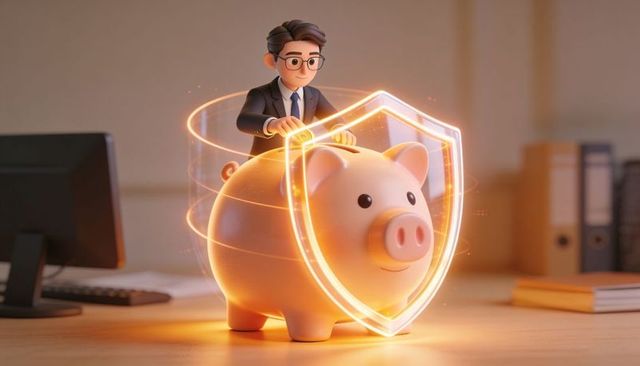 Businessman protecting piggy bank with glowing shield hologram on office desk