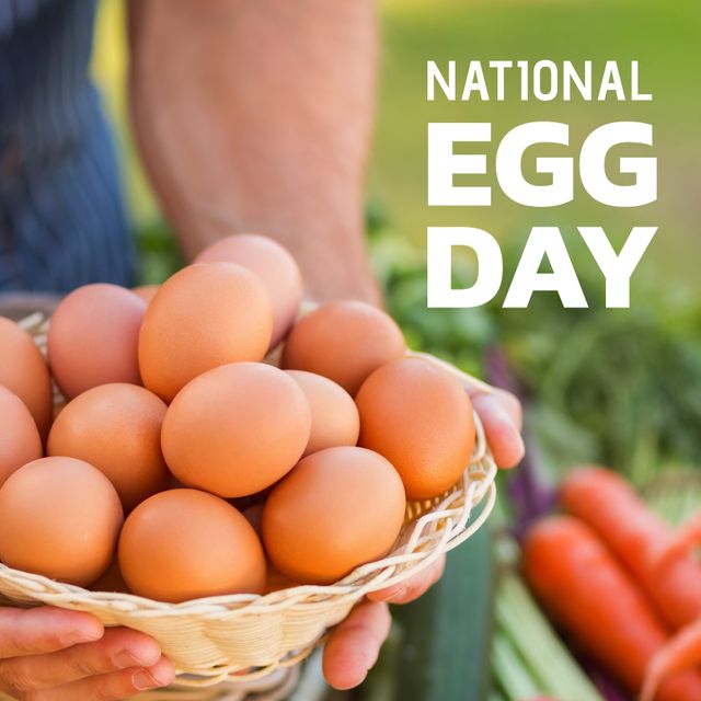 This image highlights National Egg Day's celebration with a person holding a basket of fresh eggs outdoors, emphasizing themes of organic food, farming, and healthy eating. Use this image for promoting National Egg Day events, healthy lifestyle content, or agricultural traditions.