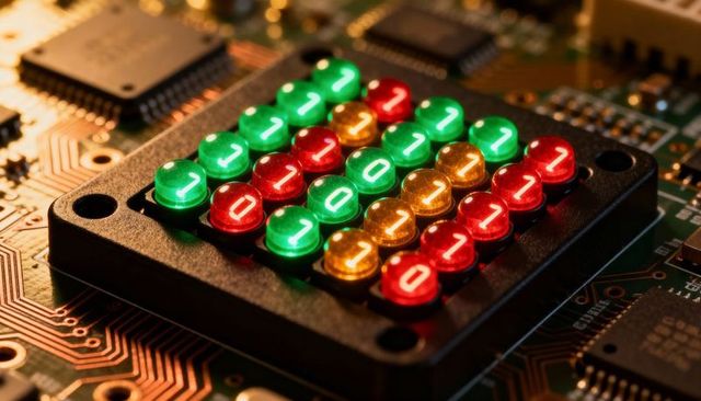 Displaying 5x5 domed led binary matrix on printed circuit board closeup, colorful pcb electronics ma