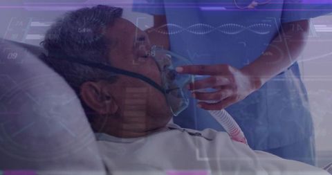 Nurse adjusting oxygen mask for senior patient with medical monitor overlay and tubing