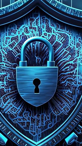 Vertical cybersecurity shield video showing padlock animating circuits pulsing neon blue glow