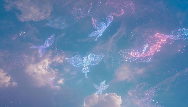 Holographic birds soaring in pastel celestial sky