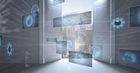 digital interface with cityscape through open doors - Download Free Stock Images Pikwizard.com