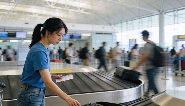 Asian woman collecting luggage at busy airport carousel while holding boarding pass