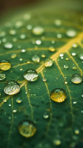 Vertical macro video capturing water droplets on verdant leaf with golden veins and reflections