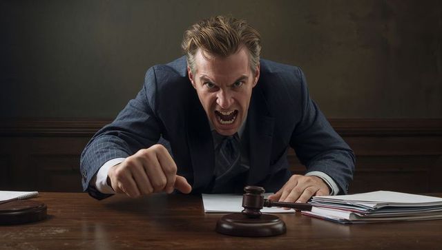 Angry judge slamming gavel, leaning over bench, pounding fist, dramatic courtroom scene