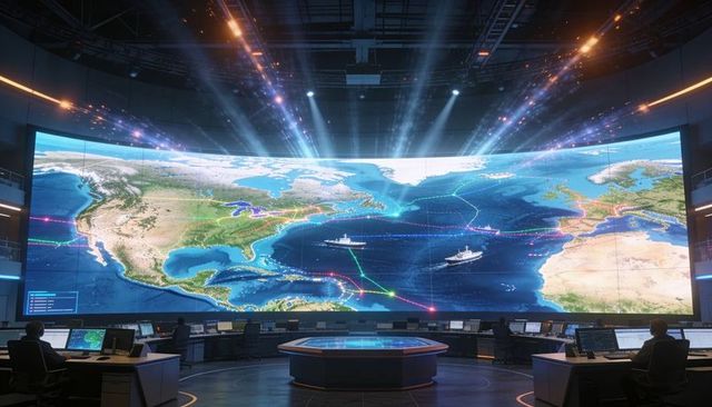 Futuristic Maritime Command Center Tracking Global Ship Routes on Panoramic World Map Display