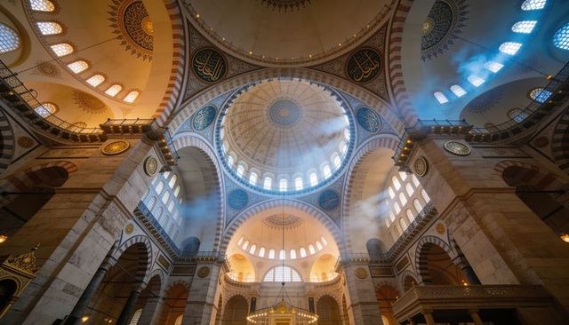Sunlit central dome and pendentives in historic mosque interior with chandelier, light beams