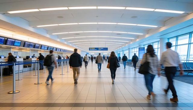Travelers Walking Through Modern Airport Concourse with Check-in Counters and Signage