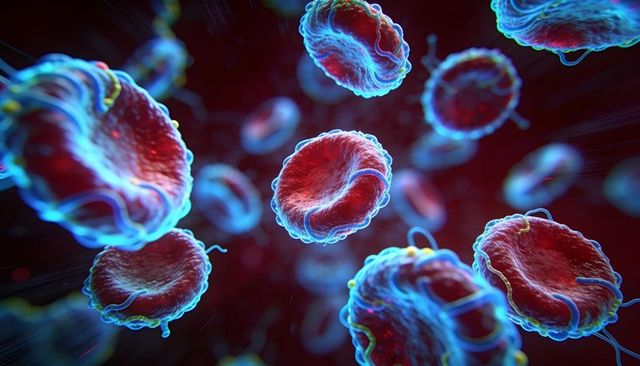 Glowing red blood cells with membrane filaments floating in microscopic blood plasma