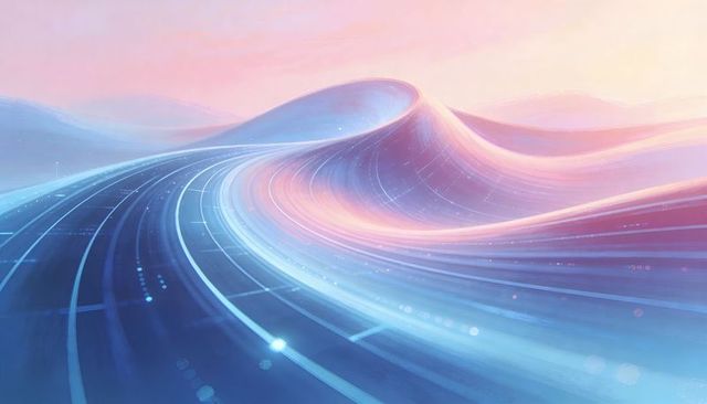 Luminous ribbon highway curving through futuristic pastel landscape, glowing data trails