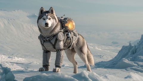 Standing siberian husky wearing futuristic exosuit on icy ridge with glowing thruster