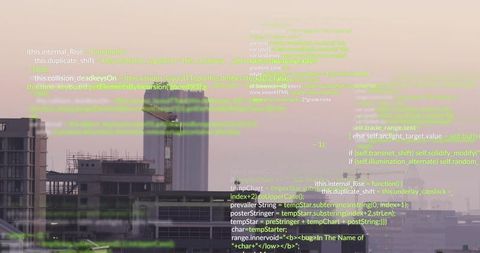 Round Tower Under Construction at Dusk with Code Overlay, Pastel Twilight Urban Tech