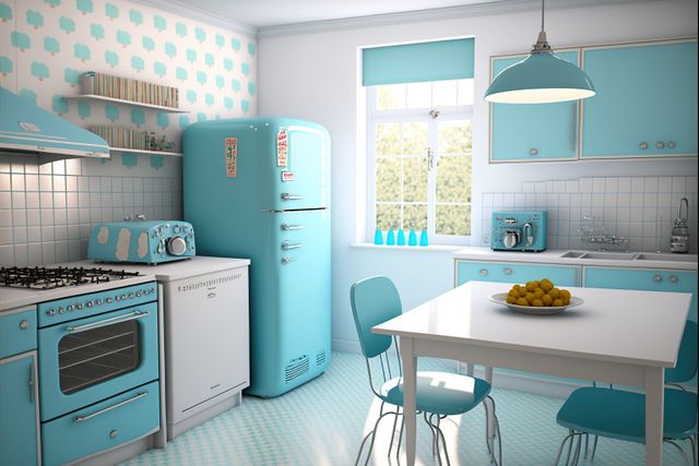 Retro style kitchen showcasing vibrant turquoise appliances paired with white cabinets. Perfect for depicting vintage home decor, retro interior design inspiration, kitchen remodeling ideas, or modern takes on classic looks. Ideal for use in home decorating websites, cooking blogs, or interior design magazines highlighting stylish kitchen aesthetics.