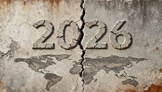 Weathered concrete 2026 showing central crack and world map symbolizing global fracture