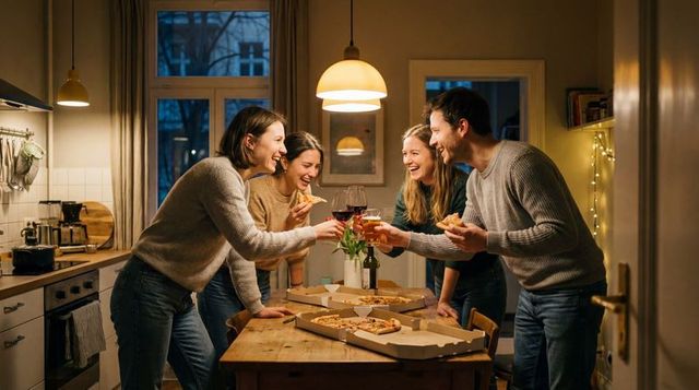 Friends laughing and toasting wine while eating pizza in cozy kitchen with warm lighting