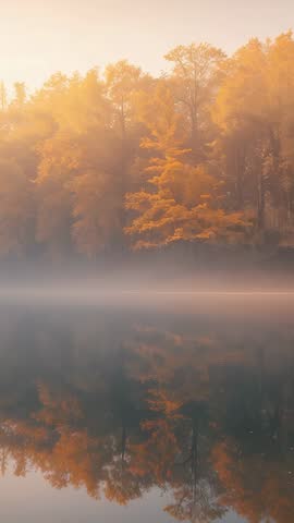 Vertical video glowing golden treeline reflecting on misty lake at dawn