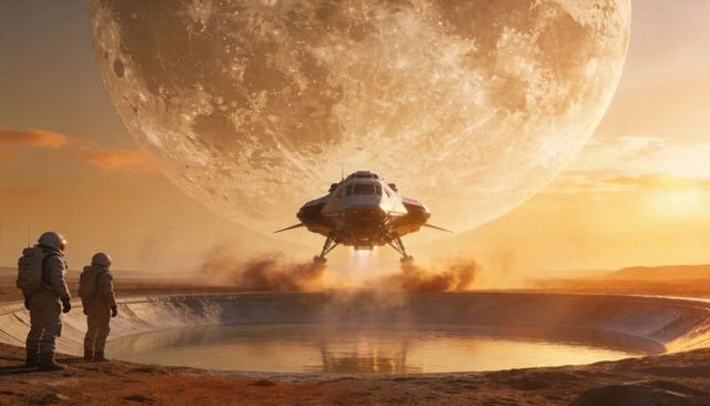 Astronauts Observing Lander Touchdown Over Reflective Crater Beneath Giant Moon at Sunset
