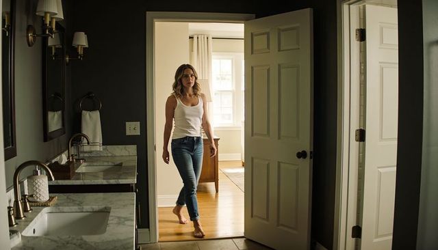 Walking barefoot woman entering dim bathroom from bright bedroom with marble vanity