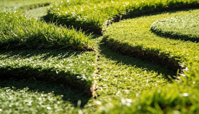 Gleaming morning dew on newly laid turf strips revealing seam texture curved lawn pattern