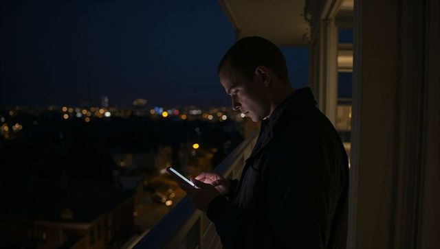 Young man checking smartphone on balcony at night with bokeh city lights backdrop