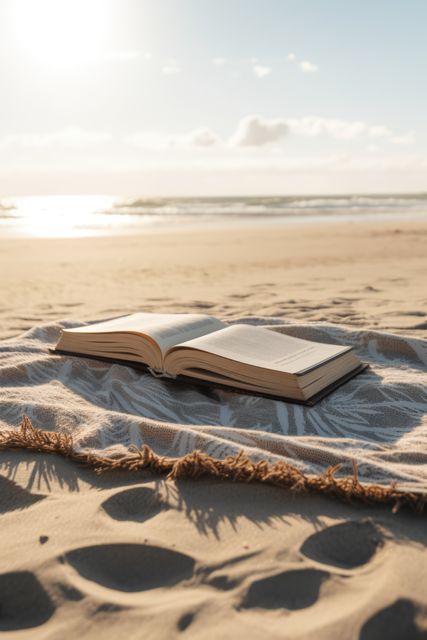 Beige towel with pattern and book on beach, created using generative ai technology. Seaside landscape, vacation, leisure, summer and nature concept digitally generated image.