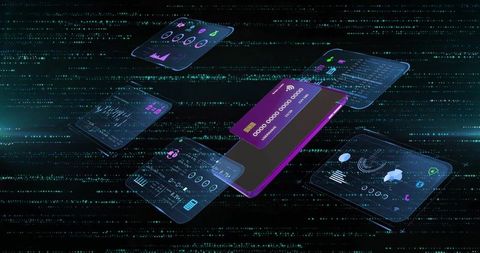 Futuristic Mobile Payment Interface Floating with Holographic Data Panels and Analytics