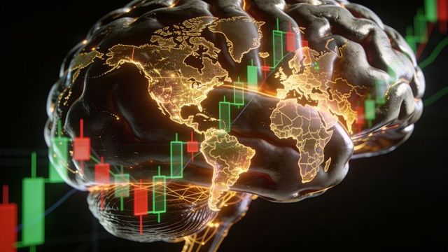 Glowing Metallic Brain with Golden World Map and Green Red Candlestick Market Data