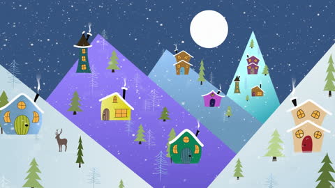 Winter Wonderland with Colorful Cabins in Snowy Mountains