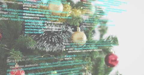 Holiday tech contrast: christmas tree with baubles, tinsel and programming code overlay