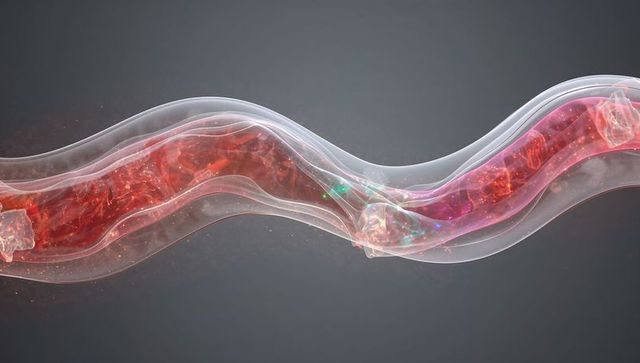 Translucent waving tube revealing crimson core and iridescent nodules, organic flow