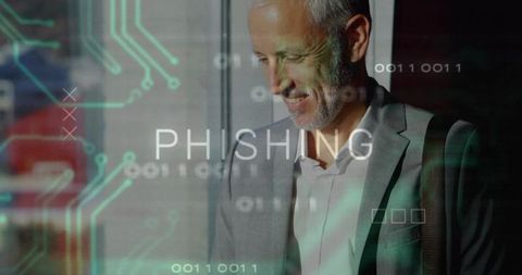Senior Businessman with Phishing Graphic in Modern Office Lobby