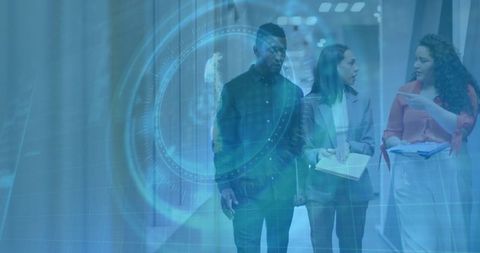 Corporate Team Collaborating with Futuristic Technology Overlay