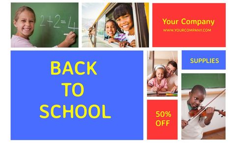 Colorful back to school stationery promotion with happy students