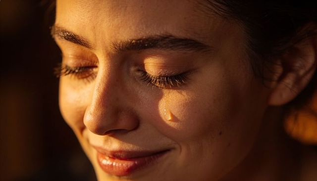 Smiling young woman shedding single tear in warm golden light closeup portrait
