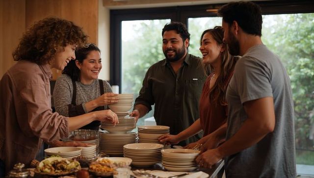 Friends stacking plates clearing counter after casual home dinner party