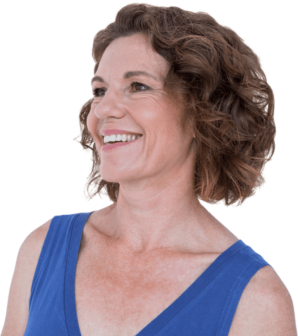 Joyful mature woman with curly hair on transparent background