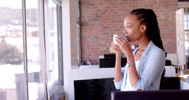 Thoughtful Young Woman Looking Out Window Enjoying Coffee - Download Free Stock Images Pikwizard.com