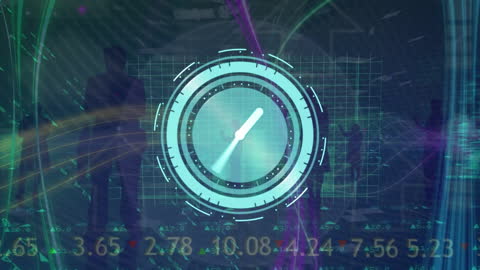 Neon Clock with Business Silhouettes and Stock Market Data