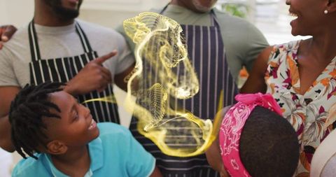 Multigenerational family cooking together and watching golden holographic swirl