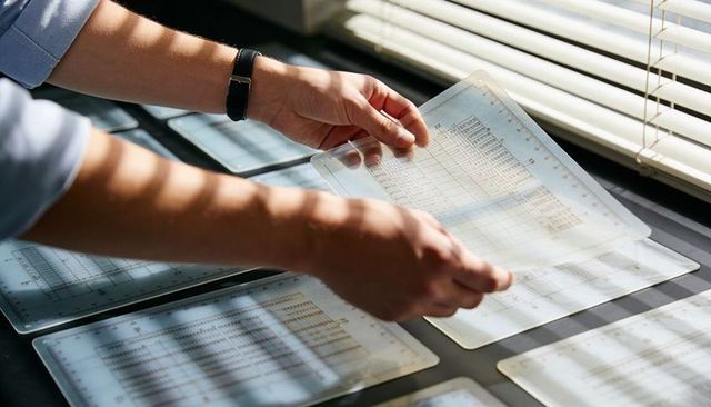 Arranging sunlit translucent data overlays on desk with striped window shadows, wristwatch accent