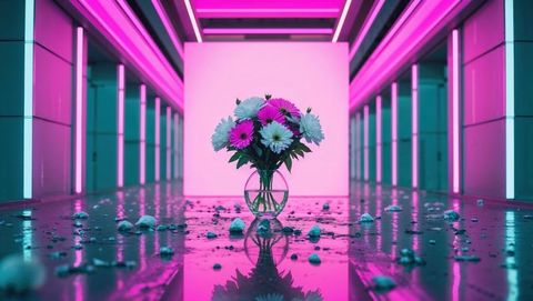 Elegant Daisies in Futuristic Neon Corridor