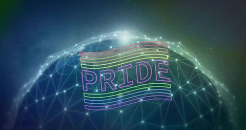 Neon pride over futuristic wireframe globe with rainbow stripes and digital network