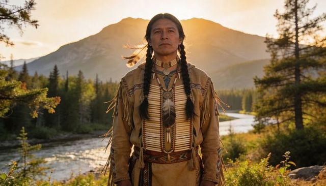 Standing indigenous man wearing buckskin regalia and bone hairpipe breastplate at sunset