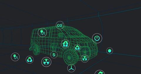 Futuristic Electric Van with Eco-Friendly Technology Icons Overlay - Download Free Stock Images Pikwizard.com