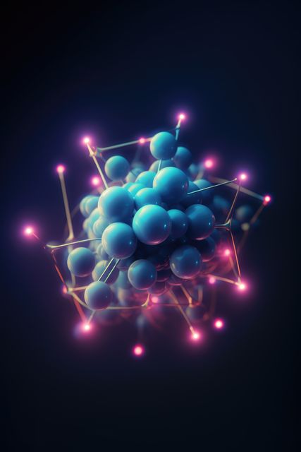 Blue atoms forming molecular structure, created using generative ai technology. Science, nature, matter, model and structure concept digitally generated image.