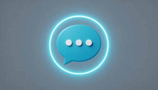 Glowing cyan chat bubble emitting neon halo minimal 3d messaging icon