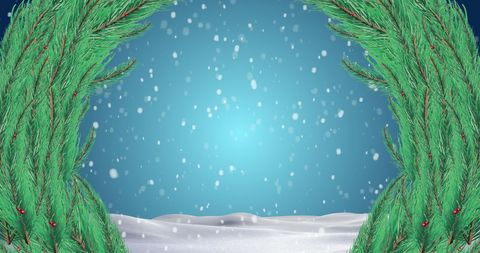 Winter Holiday Scene With Fir Tree Wreath and Snowfall