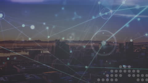 Digital Connectivity Overlay on Urban Cityscape at Sunset