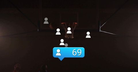 Social follower notification 69 hovering over basketball hoop with silhouetted players